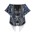 Aotearoa Tuwharetoa Off Shoulder Wrap Waist Top Maori Tribal Navy Paua Shell Pattern