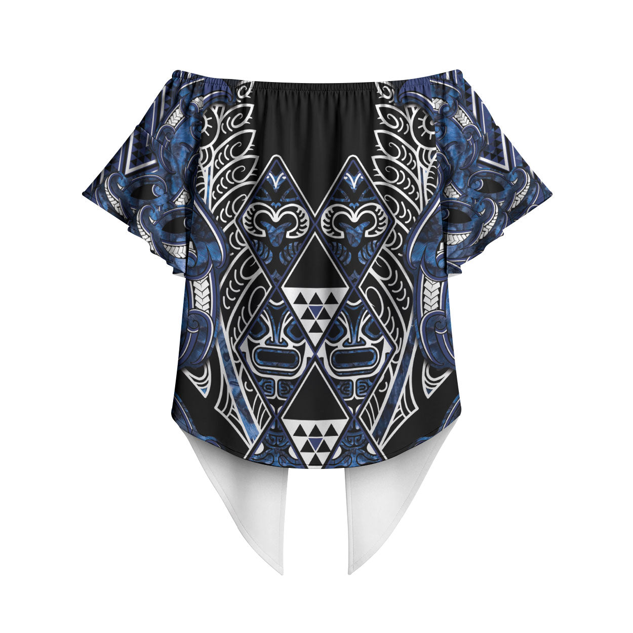 Aotearoa Tuwharetoa Off Shoulder Wrap Waist Top Maori Tribal Navy Paua Shell Pattern