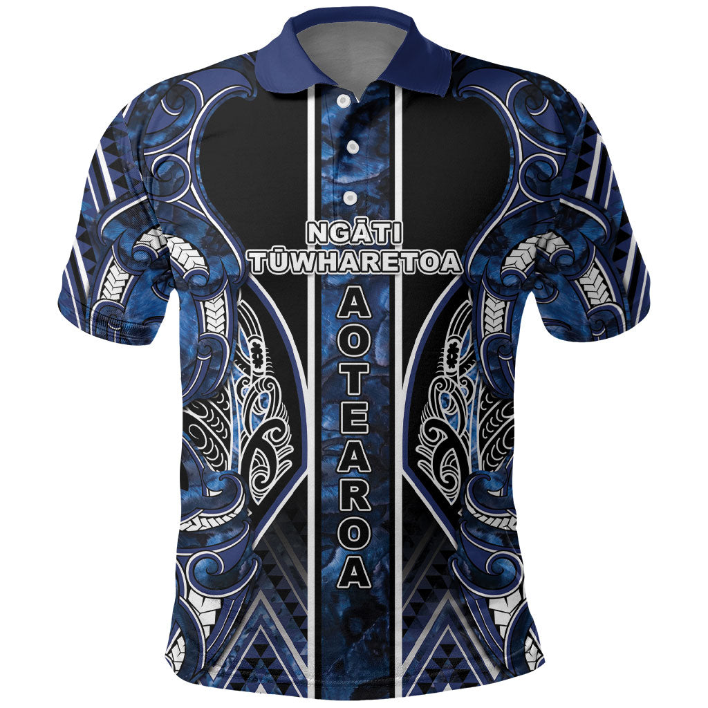 Aotearoa Tuwharetoa Polo Shirt Maori Tribal Navy Paua Shell Pattern