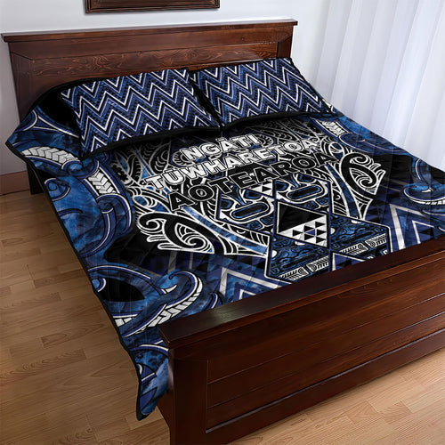 Aotearoa Tuwharetoa Quilt Bed Set Maori Tribal Navy Paua Shell Pattern