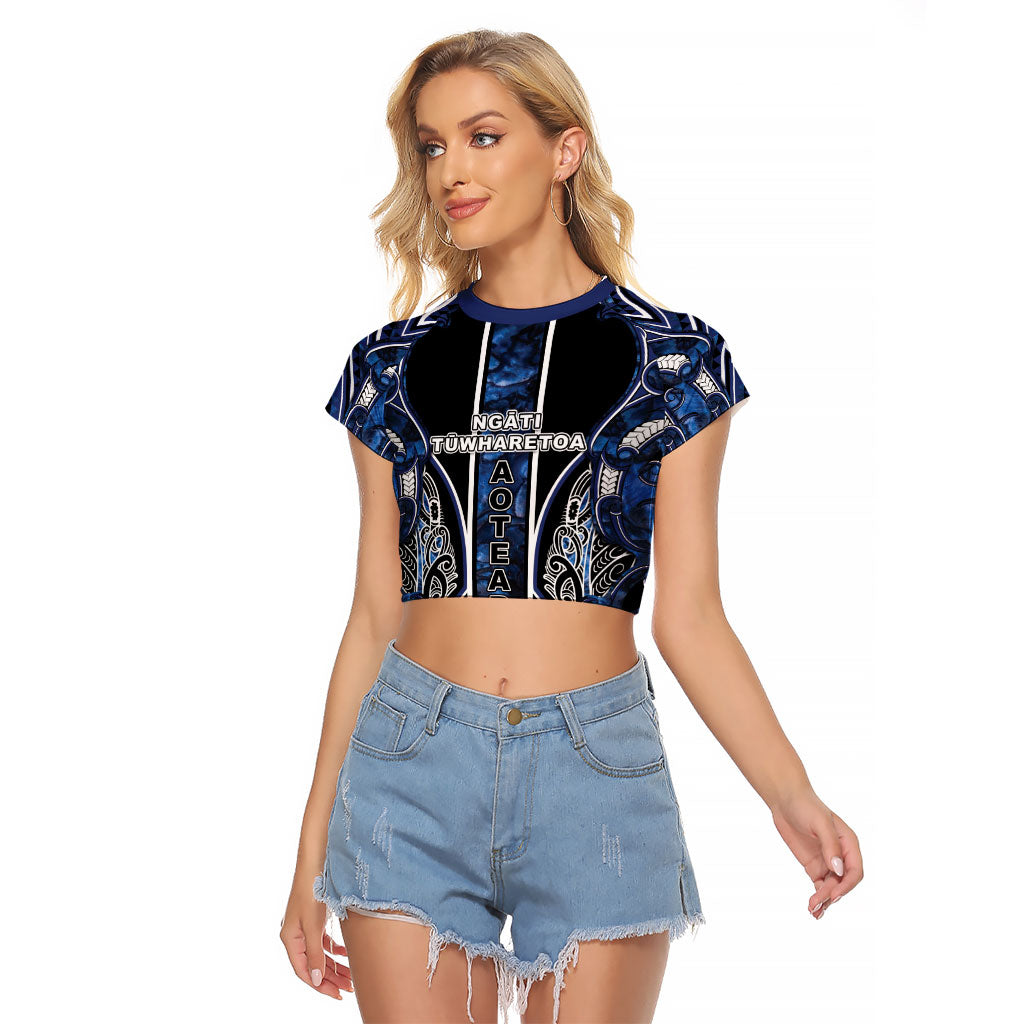 Aotearoa Tuwharetoa Raglan Cropped T Shirt Maori Tribal Navy Paua Shell Pattern