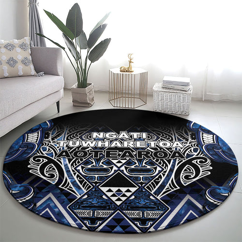 Aotearoa Tuwharetoa Round Carpet Maori Tribal Navy Paua Shell Pattern