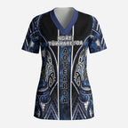 Aotearoa Tuwharetoa Scrub Top Maori Tribal Navy Paua Shell Pattern