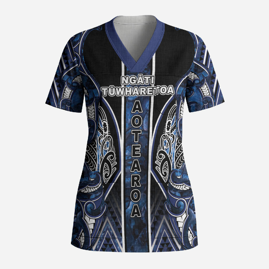 Aotearoa Tuwharetoa Scrub Top Maori Tribal Navy Paua Shell Pattern