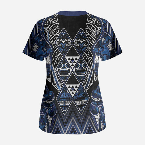 Aotearoa Tuwharetoa Scrub Top Maori Tribal Navy Paua Shell Pattern