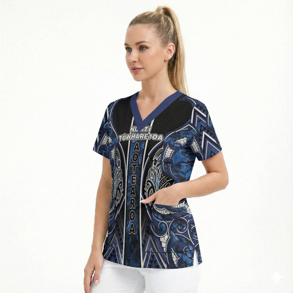 Aotearoa Tuwharetoa Scrub Top Maori Tribal Navy Paua Shell Pattern