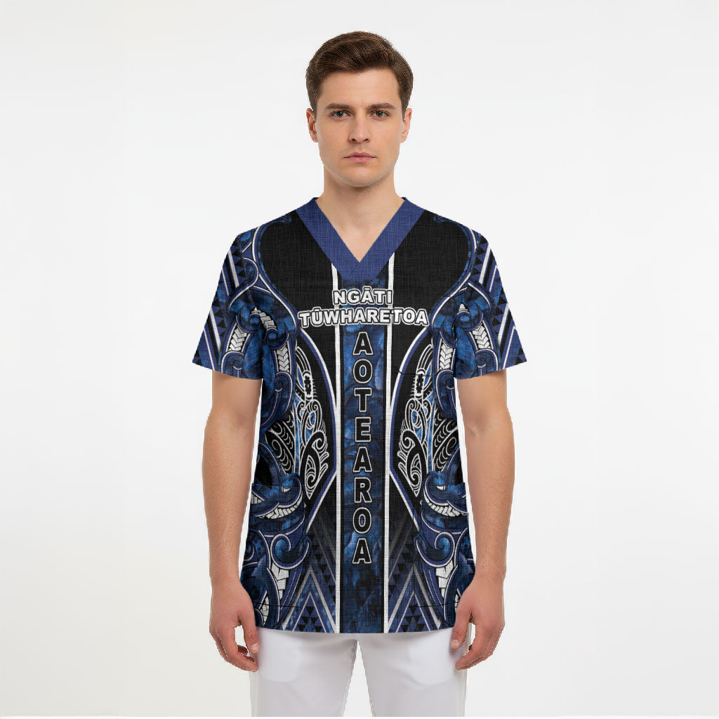 Aotearoa Tuwharetoa Scrub Top Maori Tribal Navy Paua Shell Pattern