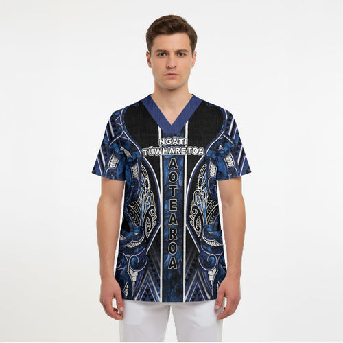 Aotearoa Tuwharetoa Scrub Top Maori Tribal Navy Paua Shell Pattern
