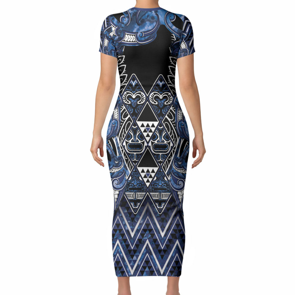 Aotearoa Tuwharetoa Short Sleeve Bodycon Dress Maori Tribal Navy Paua Shell Pattern