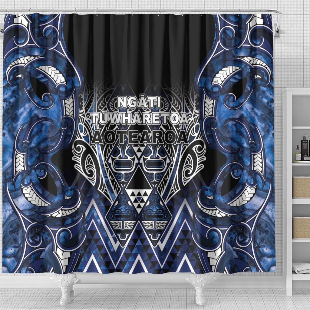 Aotearoa Tuwharetoa Shower Curtain Maori Tribal Navy Paua Shell Pattern