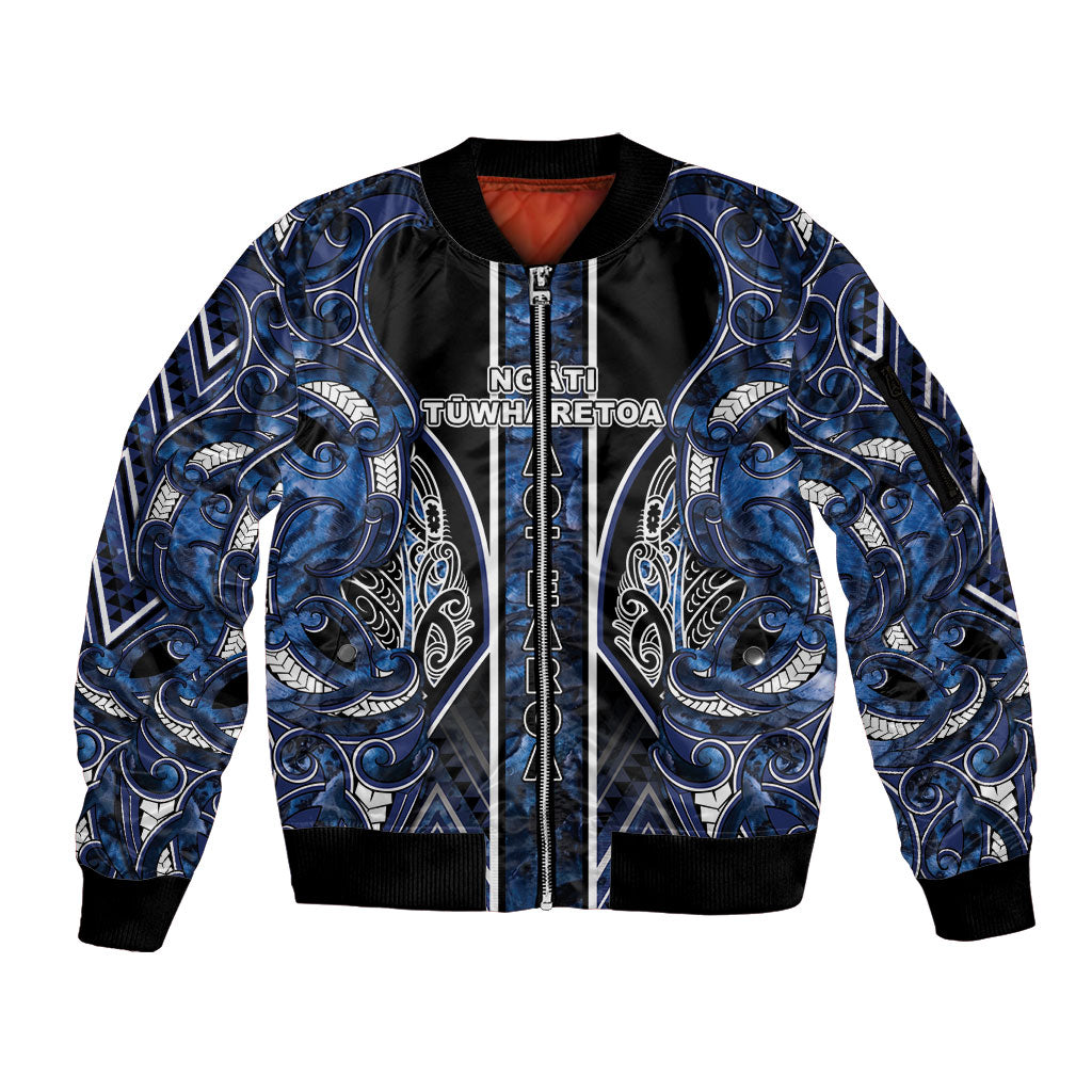 Aotearoa Tuwharetoa Sleeve Zip Bomber Jacket Maori Tribal Navy Paua Shell Pattern