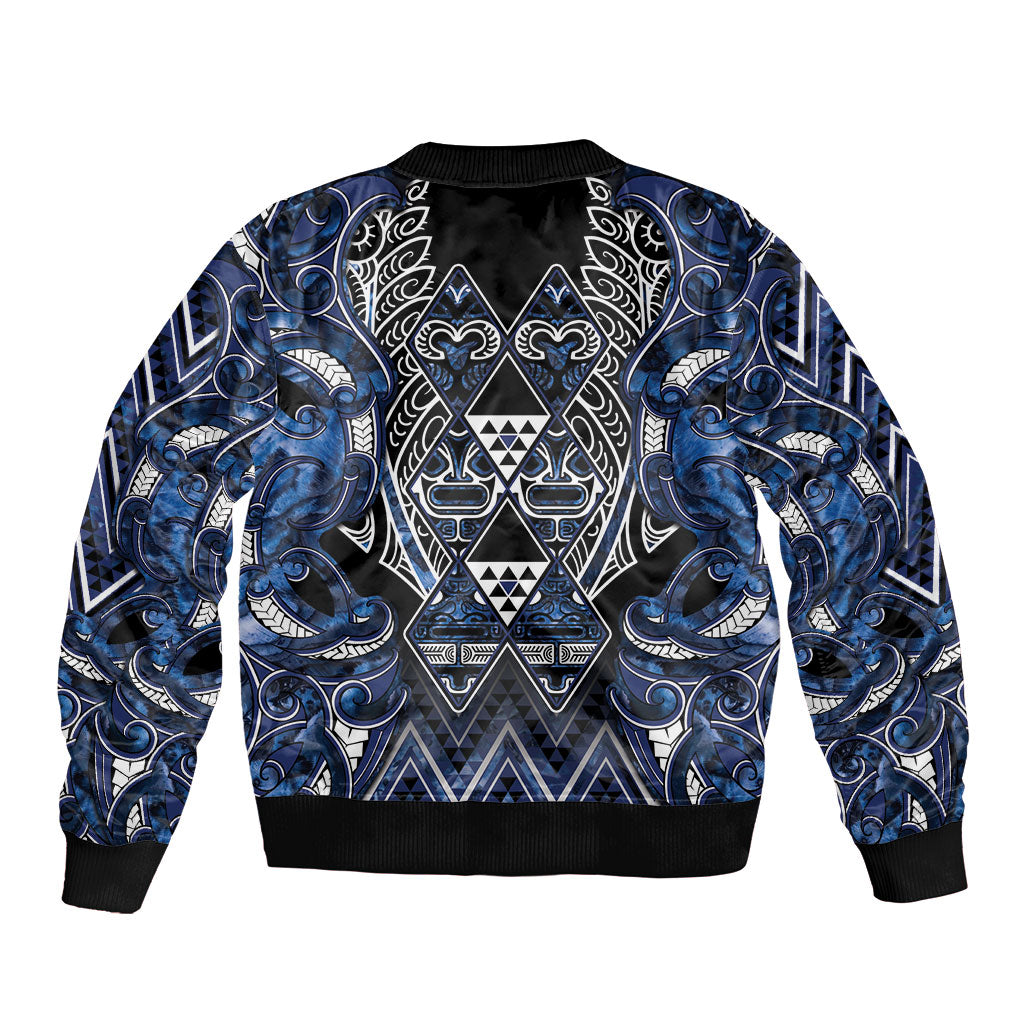 Aotearoa Tuwharetoa Sleeve Zip Bomber Jacket Maori Tribal Navy Paua Shell Pattern