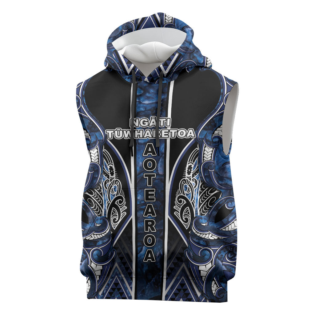 Aotearoa Tuwharetoa Sleeveless Hoodie Maori Tribal Navy Paua Shell Pattern