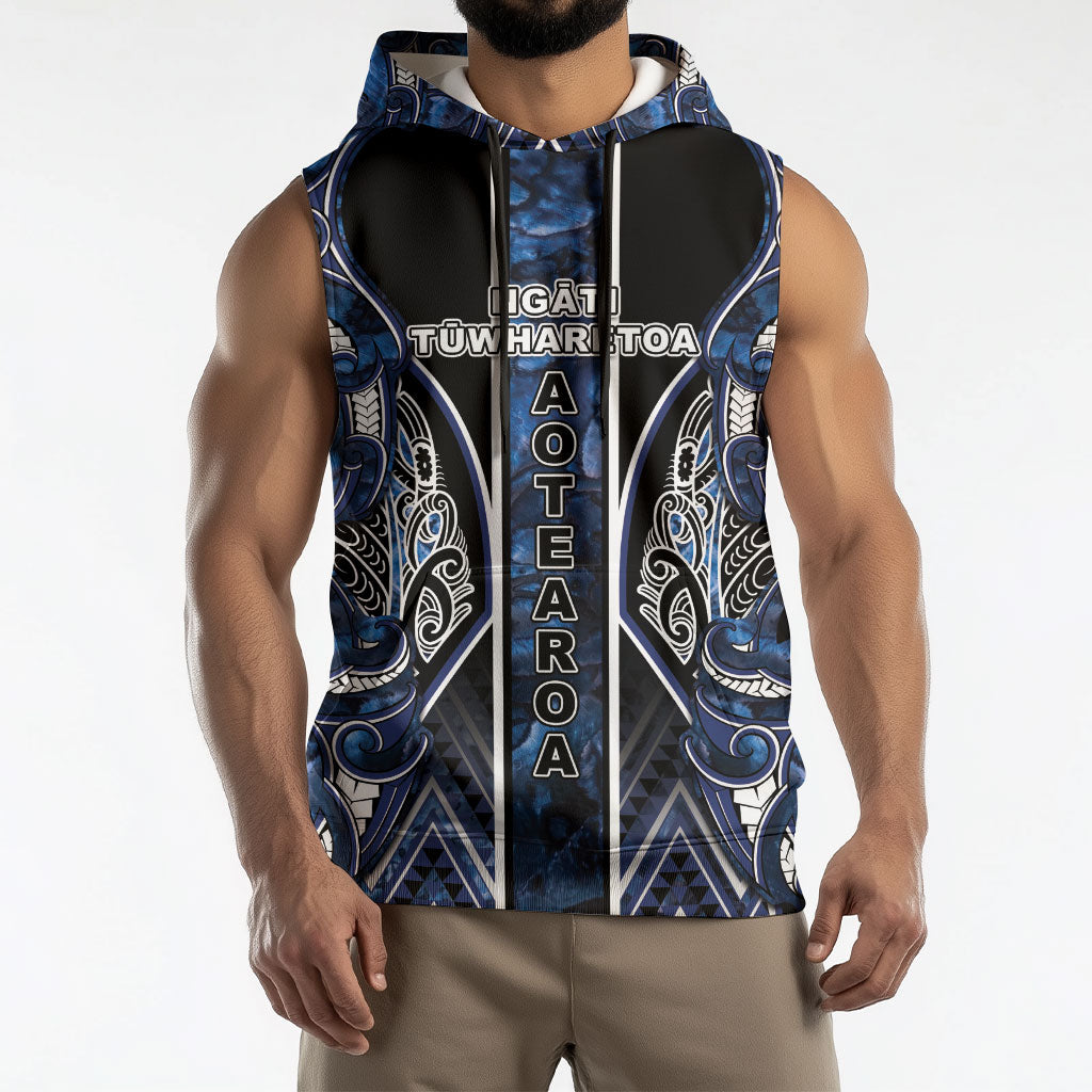 Aotearoa Tuwharetoa Sleeveless Hoodie Maori Tribal Navy Paua Shell Pattern