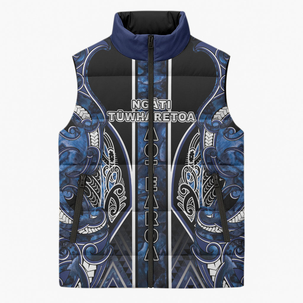 Aotearoa Tuwharetoa Sleeveless Puffer Jacket Maori Tribal Navy Paua Shell Pattern