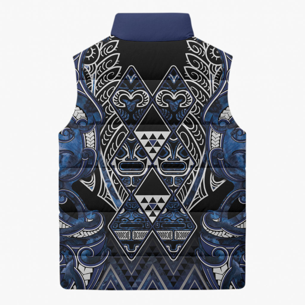 Aotearoa Tuwharetoa Sleeveless Puffer Jacket Maori Tribal Navy Paua Shell Pattern
