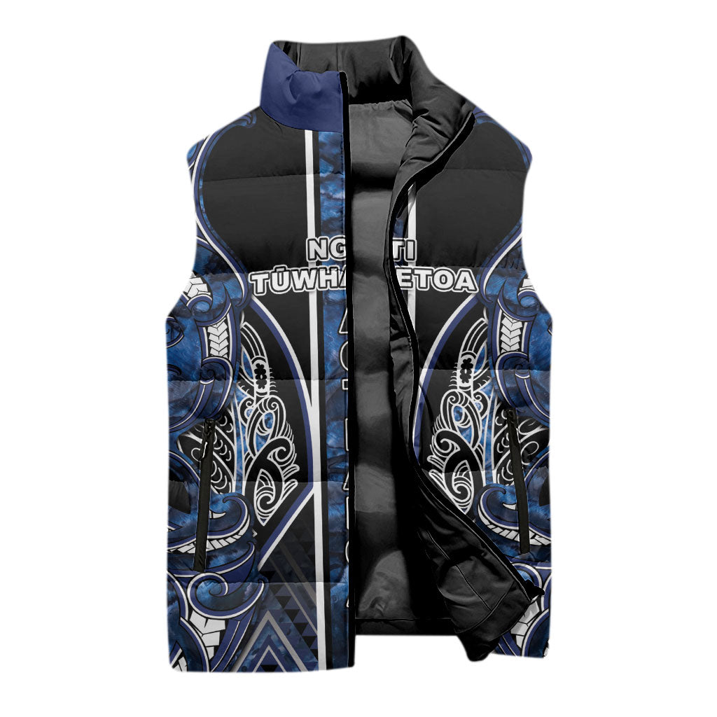 Aotearoa Tuwharetoa Sleeveless Puffer Jacket Maori Tribal Navy Paua Shell Pattern