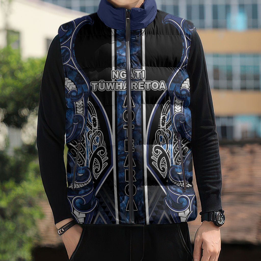 Aotearoa Tuwharetoa Sleeveless Puffer Jacket Maori Tribal Navy Paua Shell Pattern