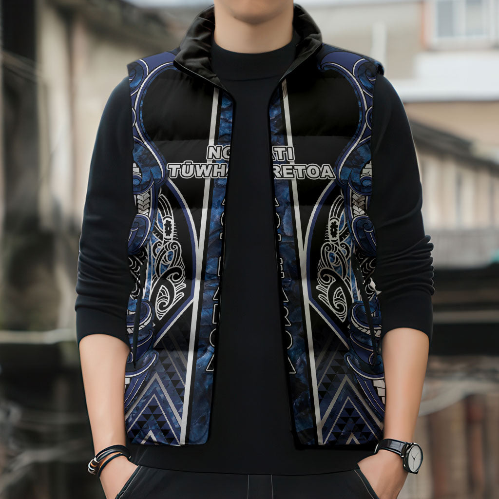 Aotearoa Tuwharetoa Sleeveless Puffer Jacket Maori Tribal Navy Paua Shell Pattern