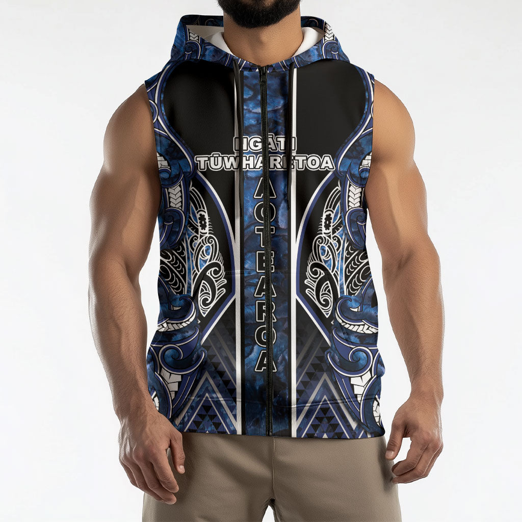 Aotearoa Tuwharetoa Sleeveless Zip Hoodie Maori Tribal Navy Paua Shell Pattern