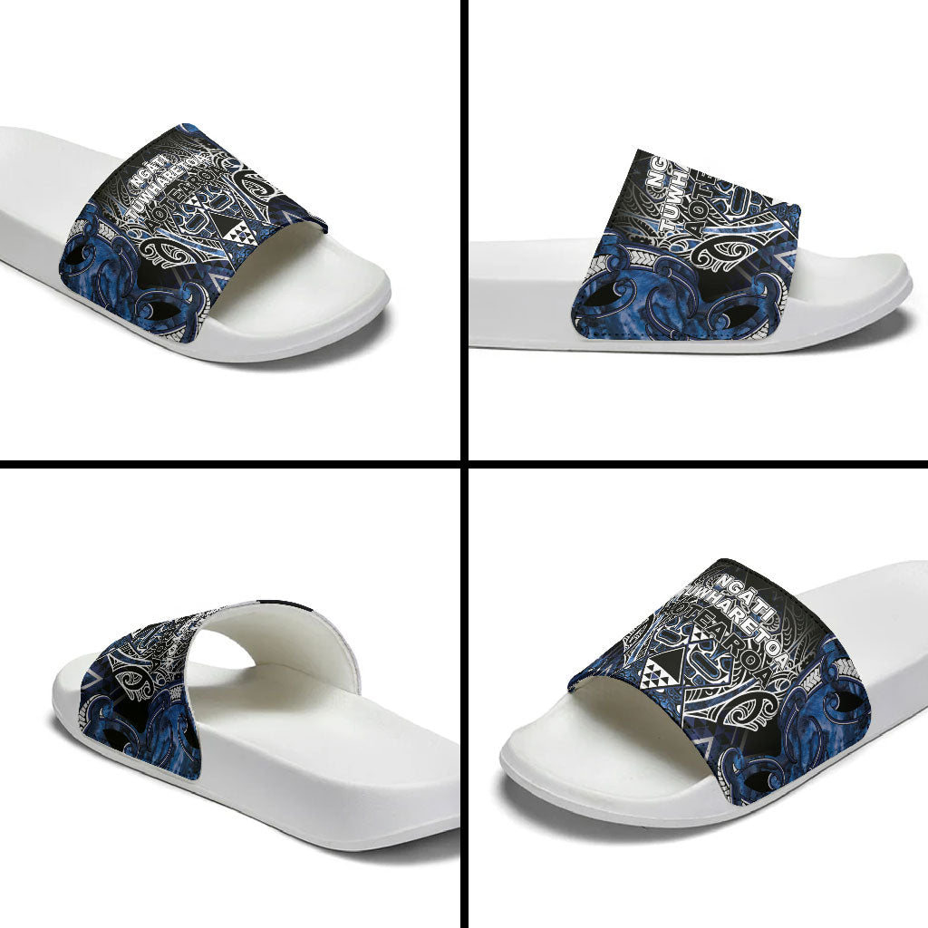 Aotearoa Tuwharetoa Slide Sandals Maori Tribal Navy Paua Shell Pattern