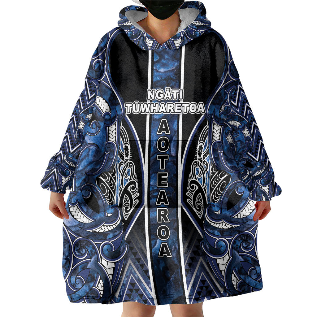 Aotearoa Tuwharetoa Wearable Blanket Hoodie Maori Tribal Navy Paua Shell Pattern