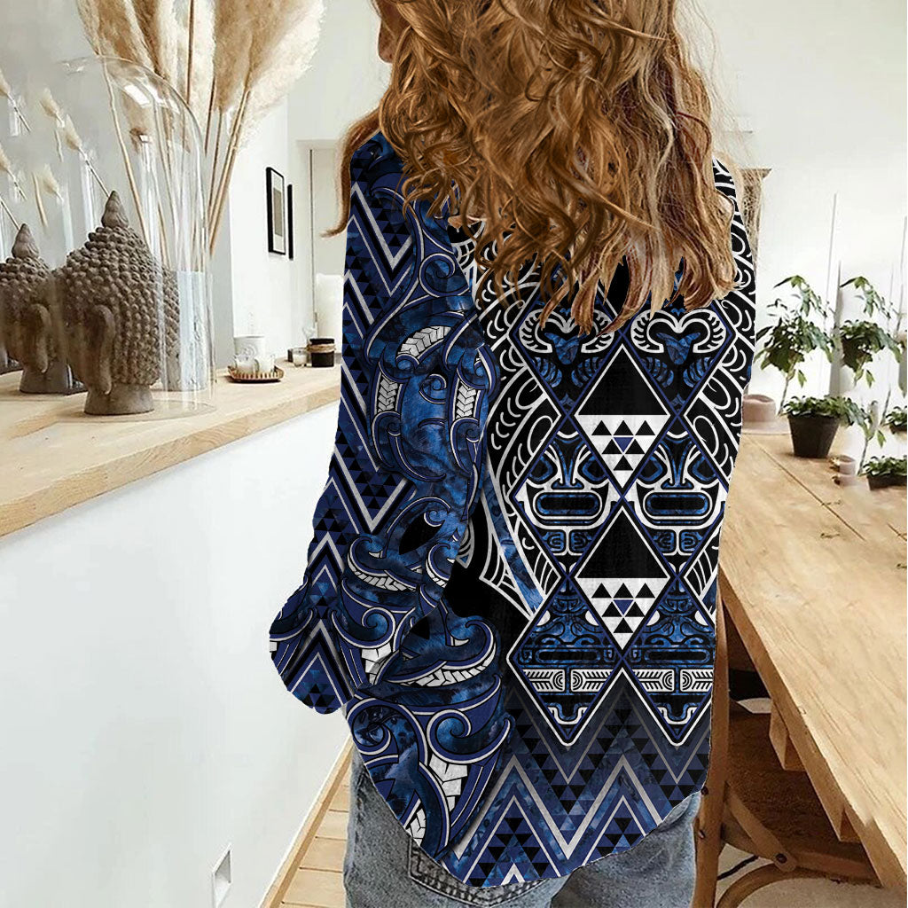 Aotearoa Tuwharetoa Women Casual Shirt Maori Tribal Navy Paua Shell Pattern