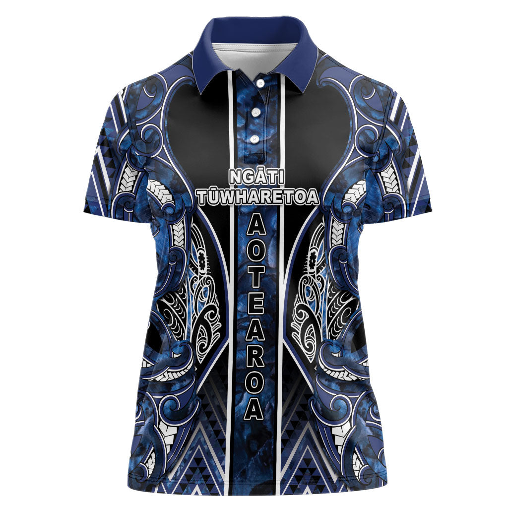 Aotearoa Tuwharetoa Women Polo Shirt Maori Tribal Navy Paua Shell Pattern