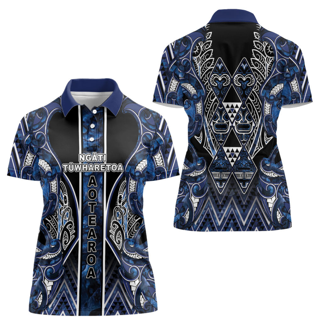 Aotearoa Tuwharetoa Women Polo Shirt Maori Tribal Navy Paua Shell Pattern