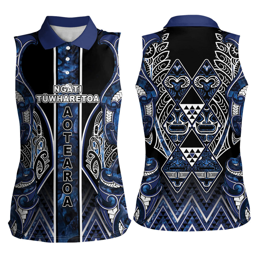 Aotearoa Tuwharetoa Women Sleeveless Polo Shirt Maori Tribal Navy Paua Shell Pattern