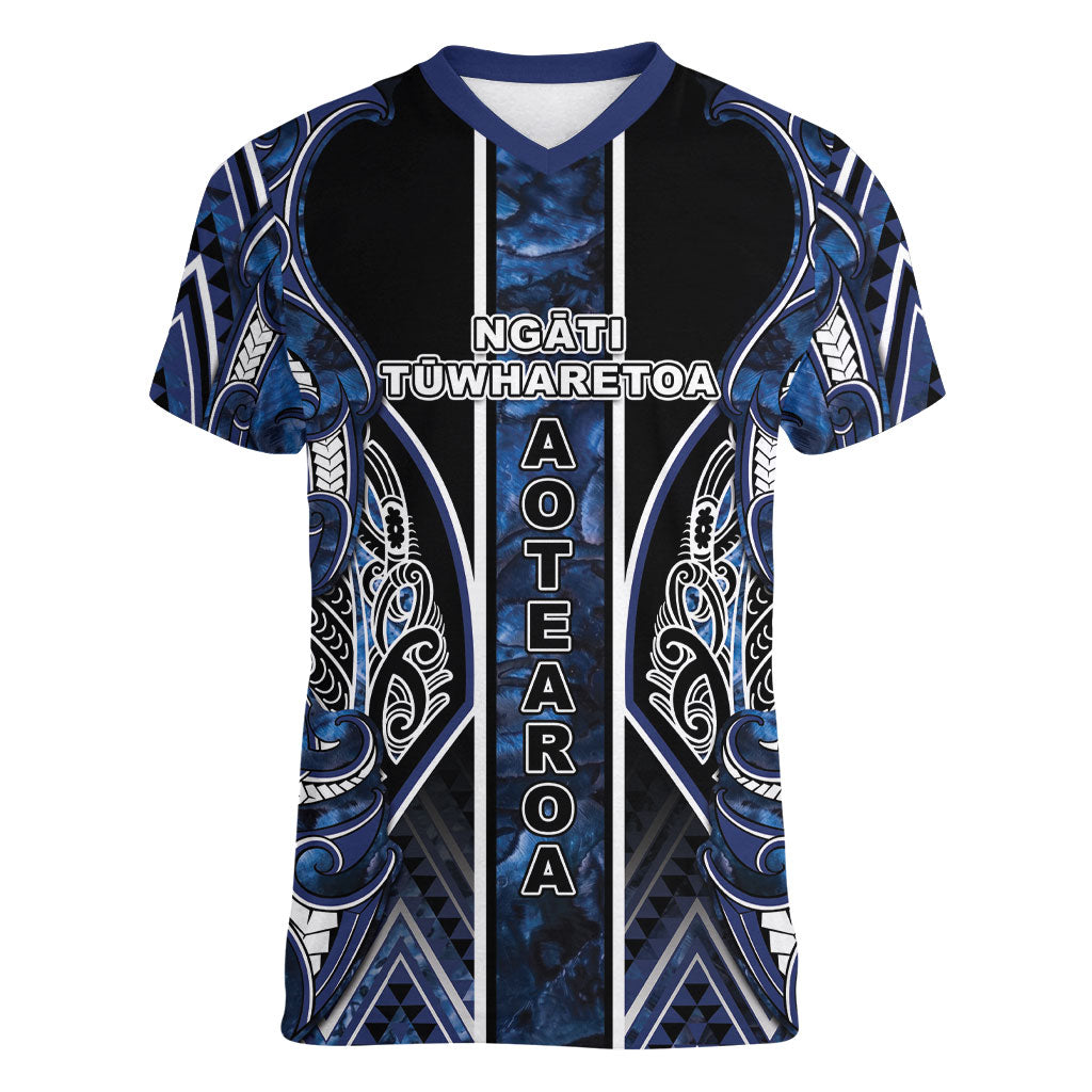 Aotearoa Tuwharetoa Women V-Neck T-Shirt Maori Tribal Navy Paua Shell Pattern