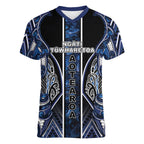 Aotearoa Tuwharetoa Women V-Neck T-Shirt Maori Tribal Navy Paua Shell Pattern