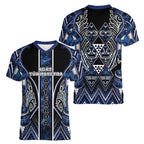 Aotearoa Tuwharetoa Women V-Neck T-Shirt Maori Tribal Navy Paua Shell Pattern