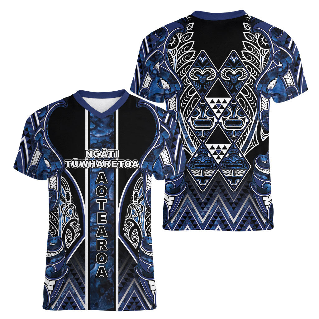 Aotearoa Tuwharetoa Women V-Neck T-Shirt Maori Tribal Navy Paua Shell Pattern