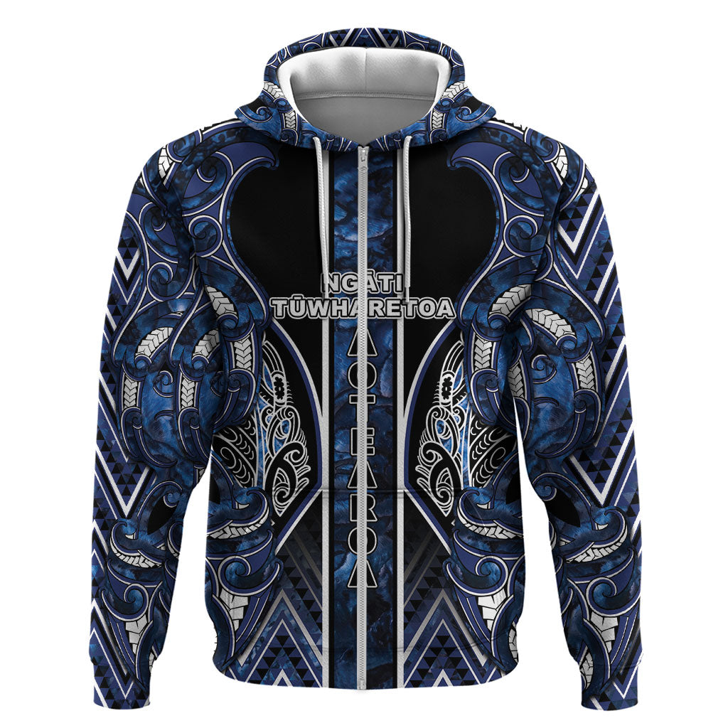 Aotearoa Tuwharetoa Zip Hoodie Maori Tribal Navy Paua Shell Pattern