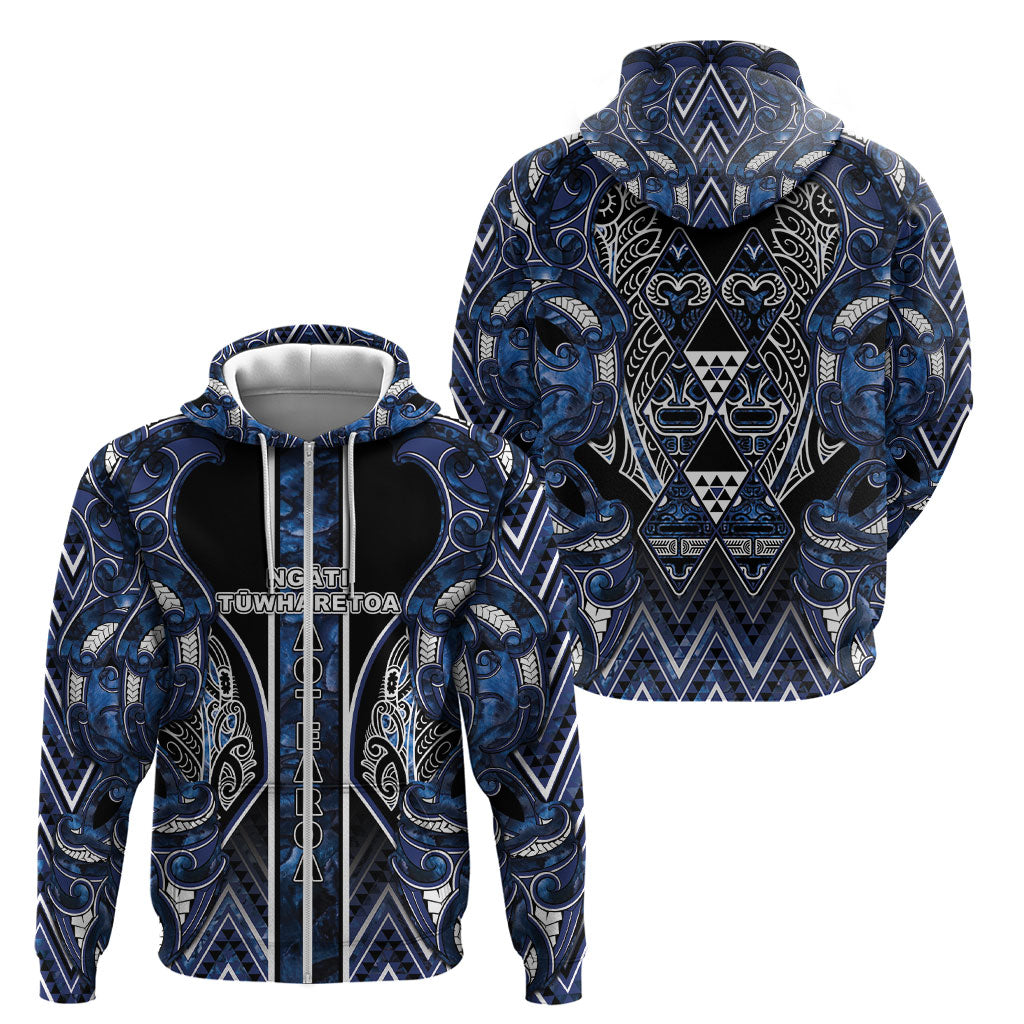 Aotearoa Tuwharetoa Zip Hoodie Maori Tribal Navy Paua Shell Pattern