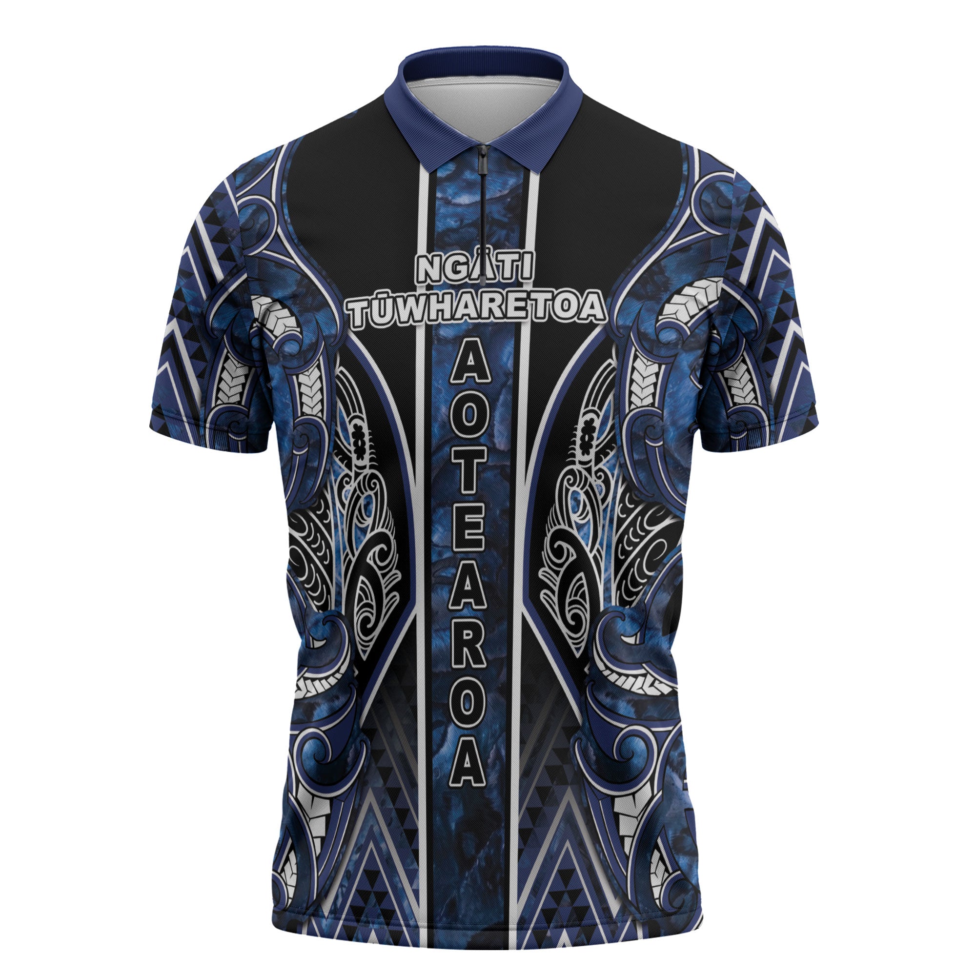 Aotearoa Tuwharetoa Zipper Polo Shirt Maori Tribal Navy Paua Shell Pattern