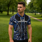 Aotearoa Tuwharetoa Zipper Polo Shirt Maori Tribal Navy Paua Shell Pattern