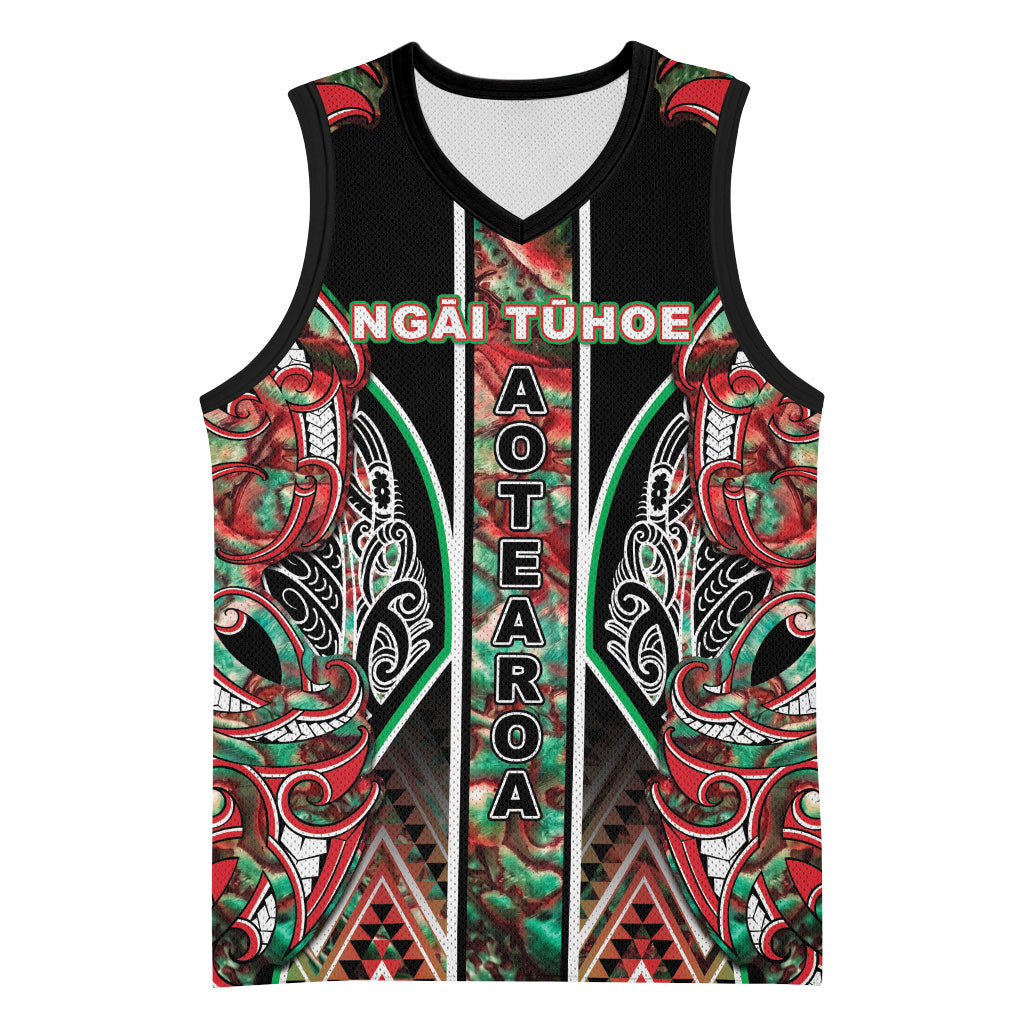 Aotearoa Ngai Tuhoe Basketball Jersey Maori Tribal Red And Green Paua Shell Pattern