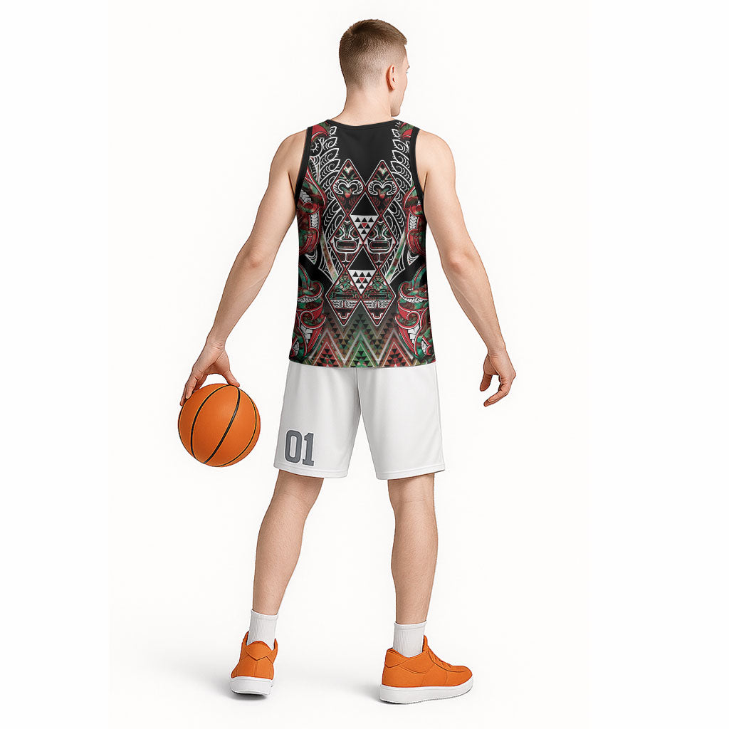 Aotearoa Ngai Tuhoe Basketball Jersey Maori Tribal Red And Green Paua Shell Pattern