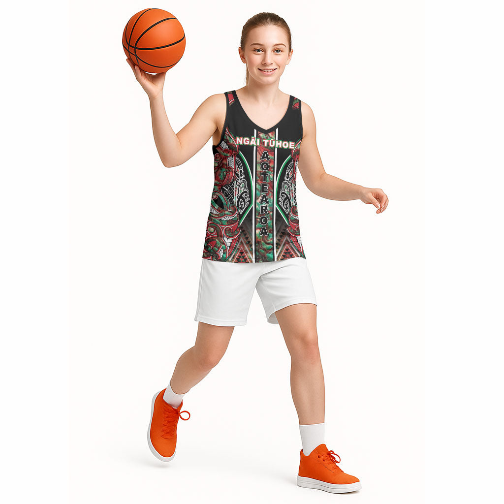 Aotearoa Ngai Tuhoe Basketball Jersey Maori Tribal Red And Green Paua Shell Pattern