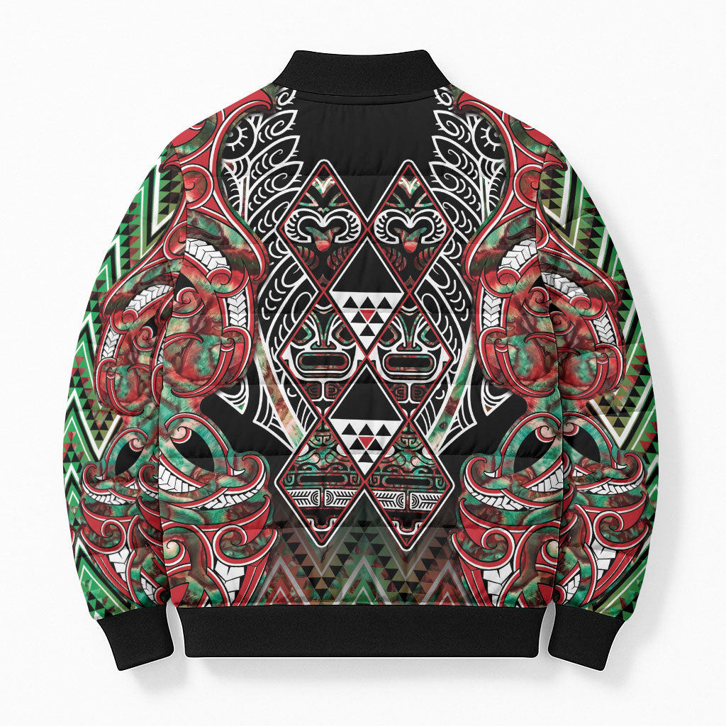 Aotearoa Ngai Tuhoe Bomber Puffer Jacket Maori Tribal Red And Green Paua Shell Pattern
