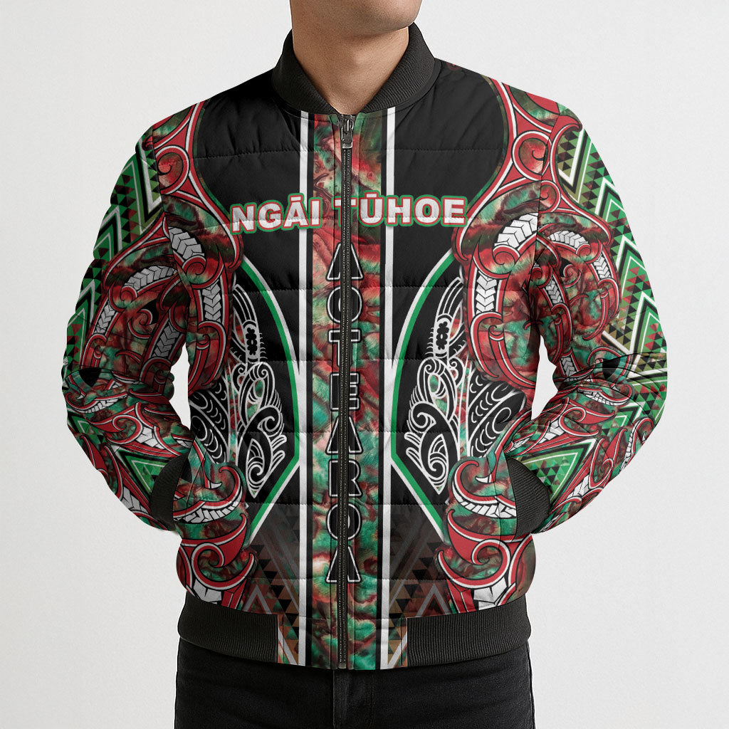 Aotearoa Ngai Tuhoe Bomber Puffer Jacket Maori Tribal Red And Green Paua Shell Pattern