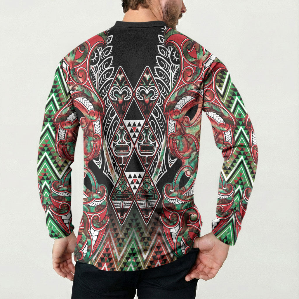 Aotearoa Ngai Tuhoe Button Sweatshirt Maori Tribal Red And Green Paua Shell Pattern