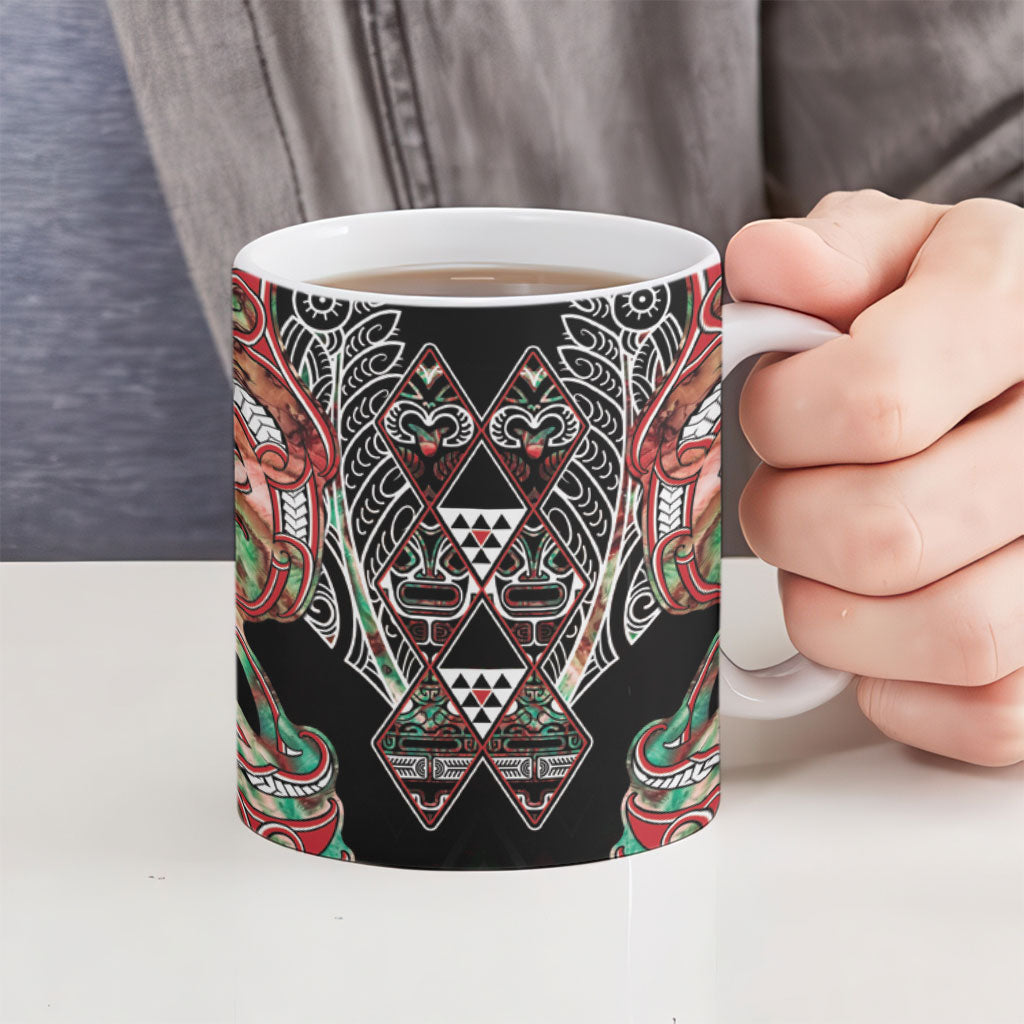 Aotearoa Ngai Tuhoe Ceramic Mug Maori Tribal Red And Green Paua Shell Pattern