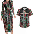Aotearoa Ngai Tuhoe Couples Matching Long Sleeve Bodycon Dress and Hawaiian Shirt Maori Tribal Red And Green Paua Shell Pattern