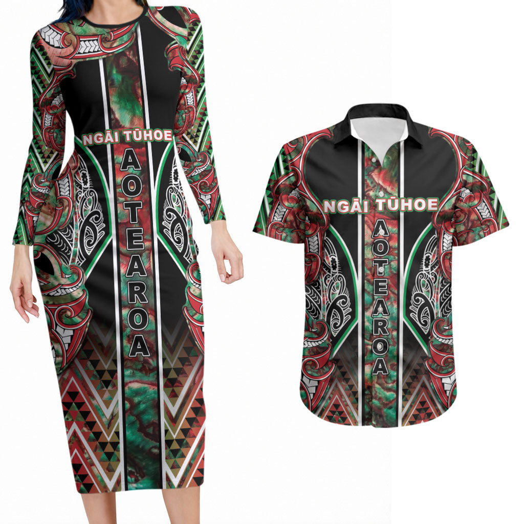 Aotearoa Ngai Tuhoe Couples Matching Long Sleeve Bodycon Dress and Hawaiian Shirt Maori Tribal Red And Green Paua Shell Pattern
