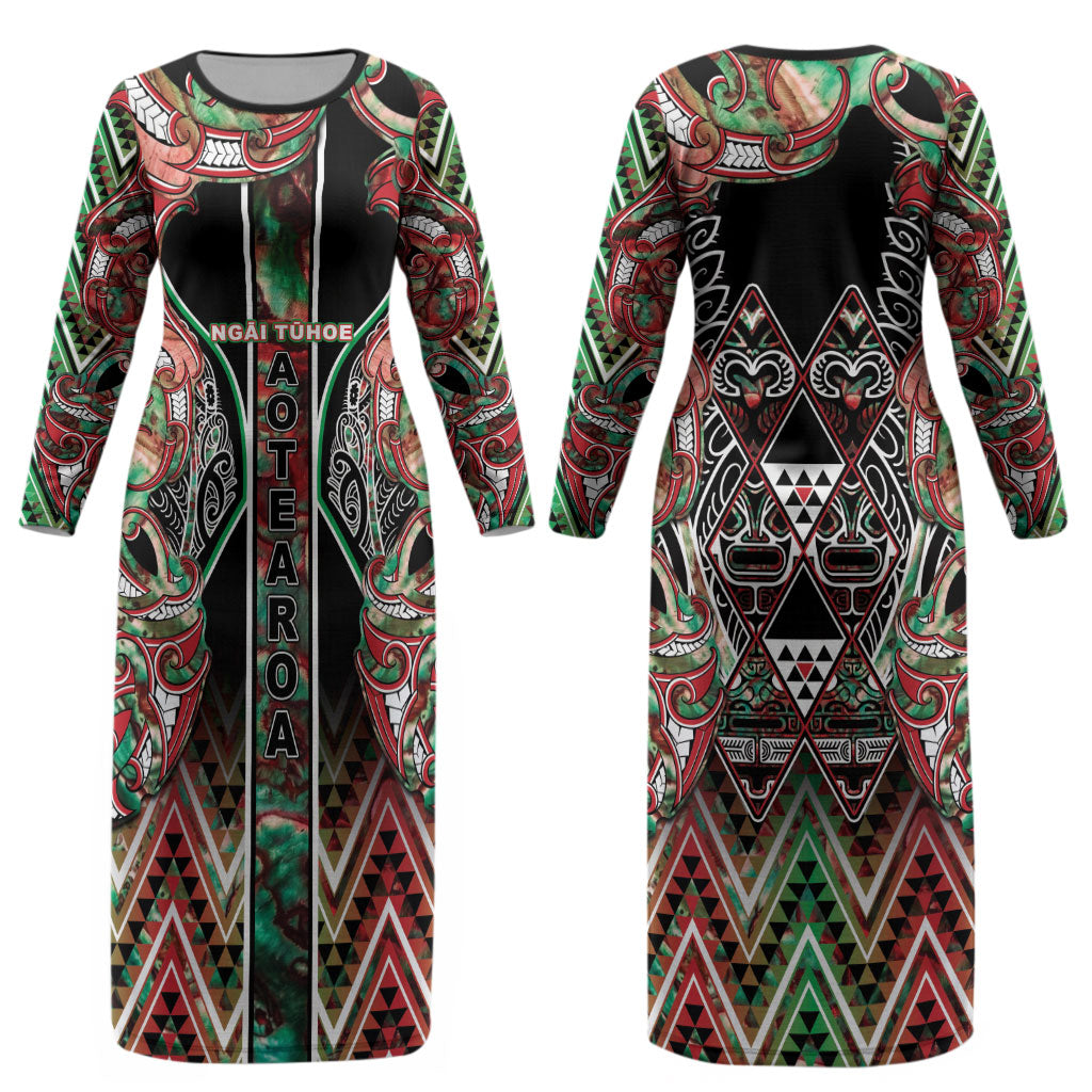 Aotearoa Ngai Tuhoe Couples Matching Long Sleeve Bodycon Dress and Hawaiian Shirt Maori Tribal Red And Green Paua Shell Pattern
