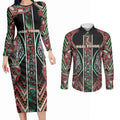 Aotearoa Ngai Tuhoe Couples Matching Long Sleeve Bodycon Dress and Long Sleeve Button Shirt Maori Tribal Red And Green Paua Shell Pattern