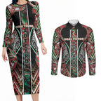 Aotearoa Ngai Tuhoe Couples Matching Long Sleeve Bodycon Dress and Long Sleeve Button Shirt Maori Tribal Red And Green Paua Shell Pattern